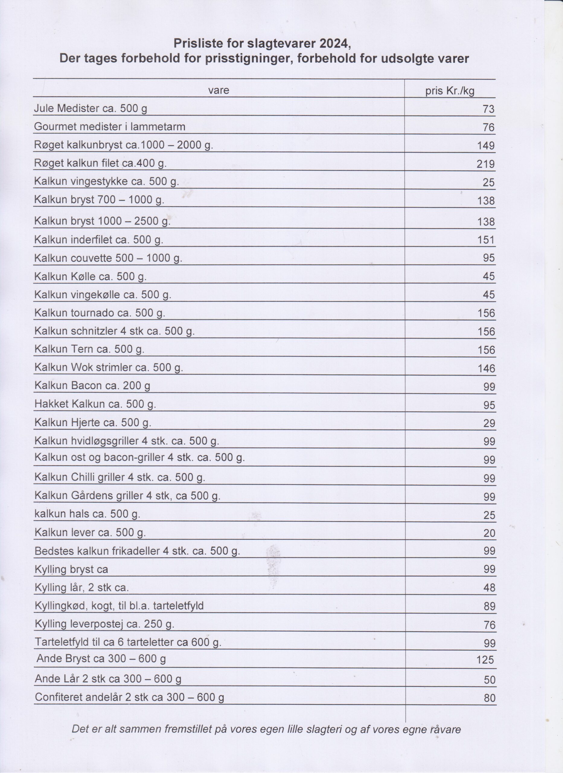 Prisliste slagtevarer 2024